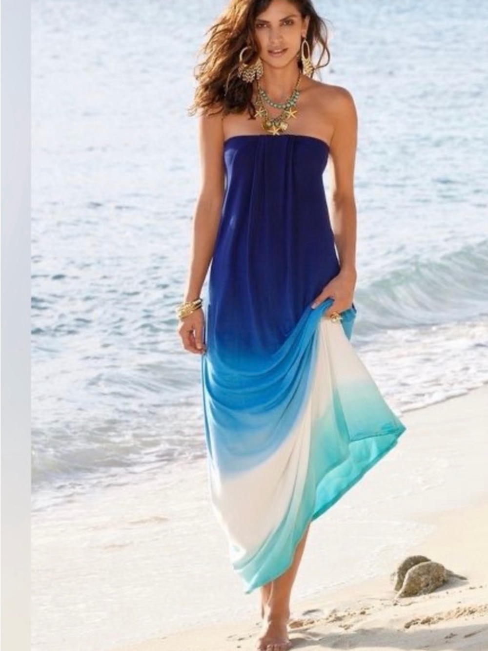 La Blanca Strapless Ombre Beach Maxi Dress in Navy to Aqua